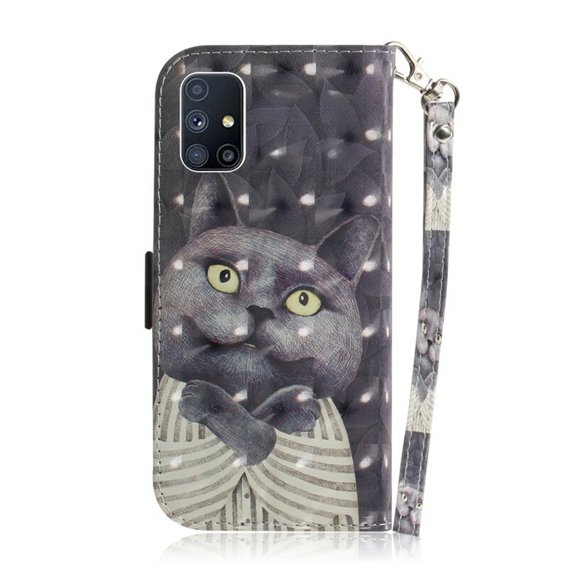 Samsung Galaxy M51 kissa harmaa hihna tapauksessa