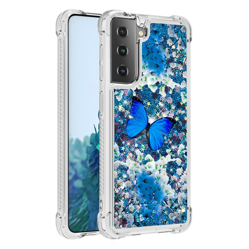 Samsung Galaxy S21 5G Glitter sininen perhoset Case